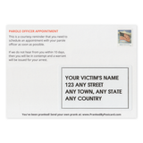 Parole Officer Appointment prank postcard stamped and ready to mail